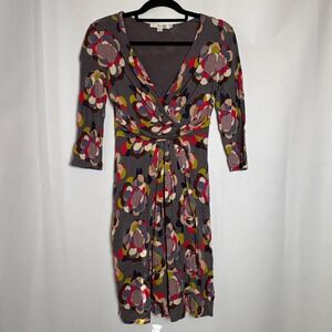 Boden Women's Gray Floral Print 3/4 Sleeve V-Neck Knee Length Dress‎ US 6 UK 10